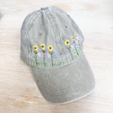 Adults Khaki Floral Embroidered Hat - Sunflowers