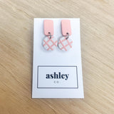 Grey/Peach Rectangle Checkered Double Drop Earrings